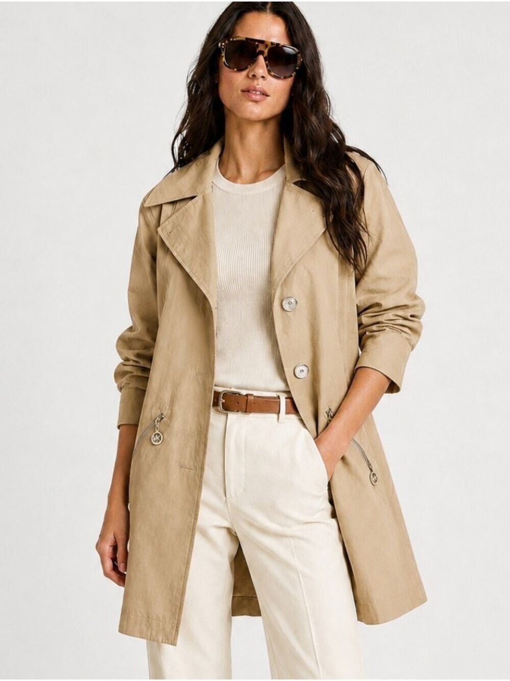 MICHAEL KORS SINGLE BREASTED TRENCH COAT TAN KHAKI SIZE LARGE